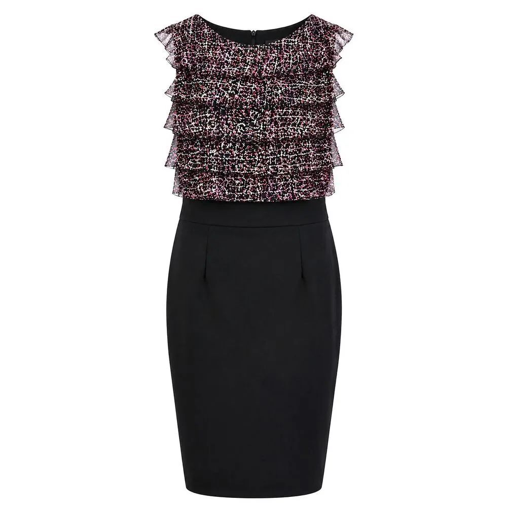 Shelby & Palmer Black Sheath Dress Size 6 Ruffle Tiered Chiffon Top Sleeveless